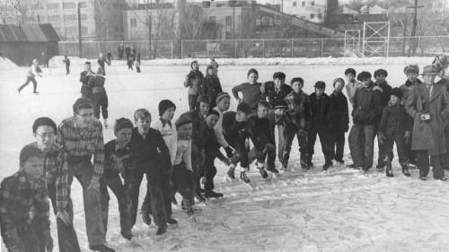 Boys ice skating in Boyd Park.